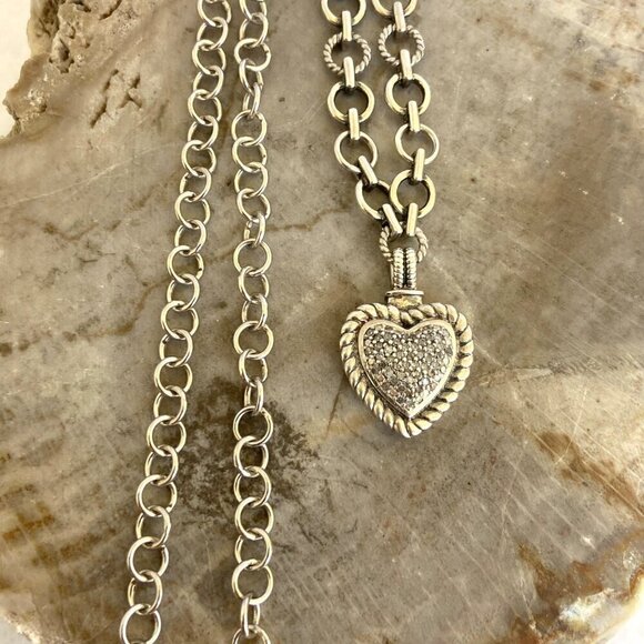 Sterling Silver 925 HN Heng Ngai Pave Diamond Heart Rolo Chain Necklace 17" - Picture 2 of 16